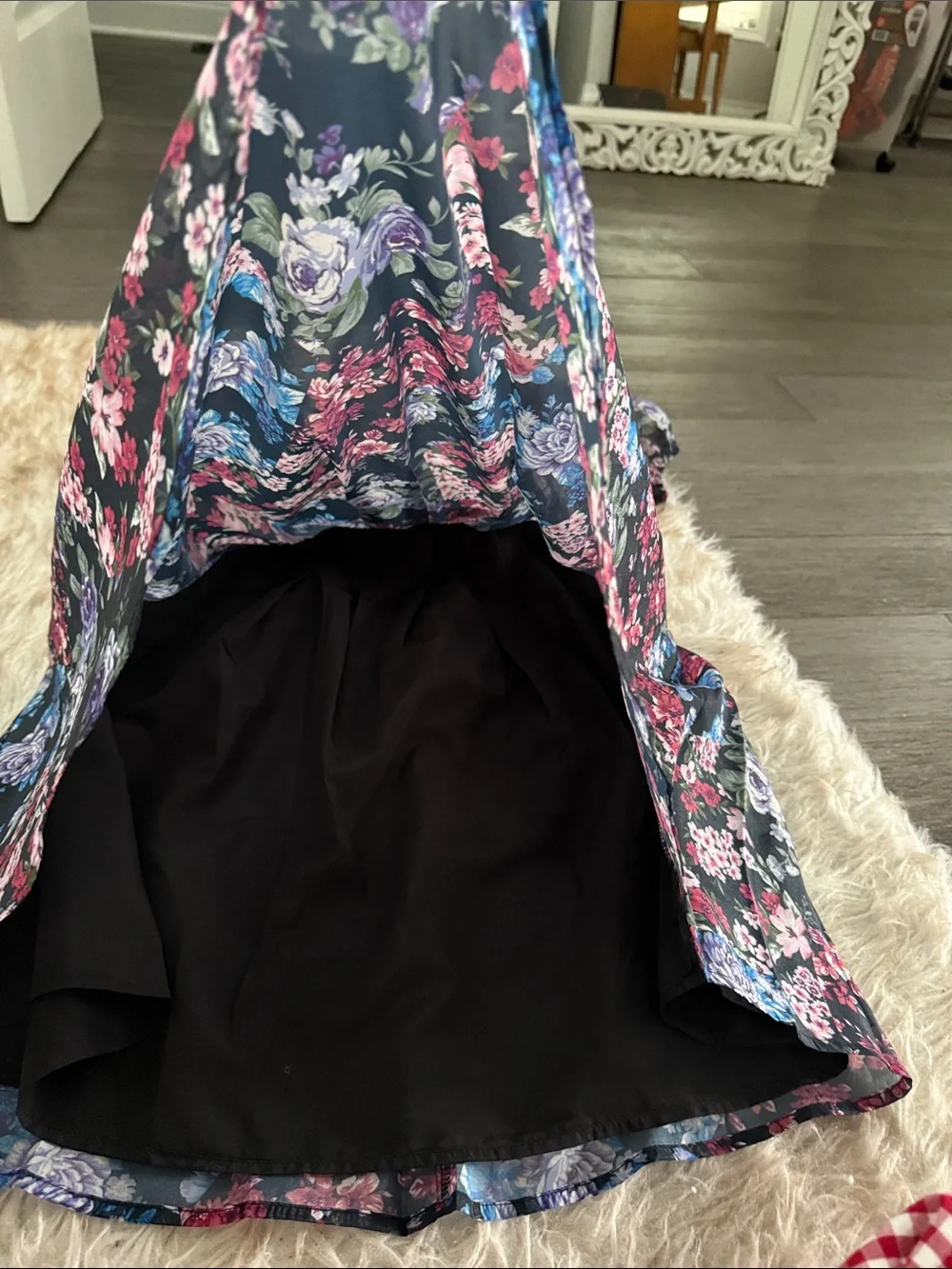 Forever 21 Black Floral Puff-Sleeve Dress with Blue, Purple, and Pink Blooms